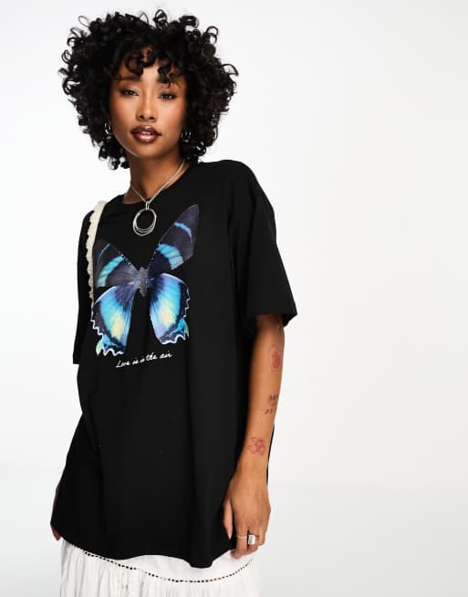 Only - Oversized T-shirt met grafische vlinderprint in zwarte wassing