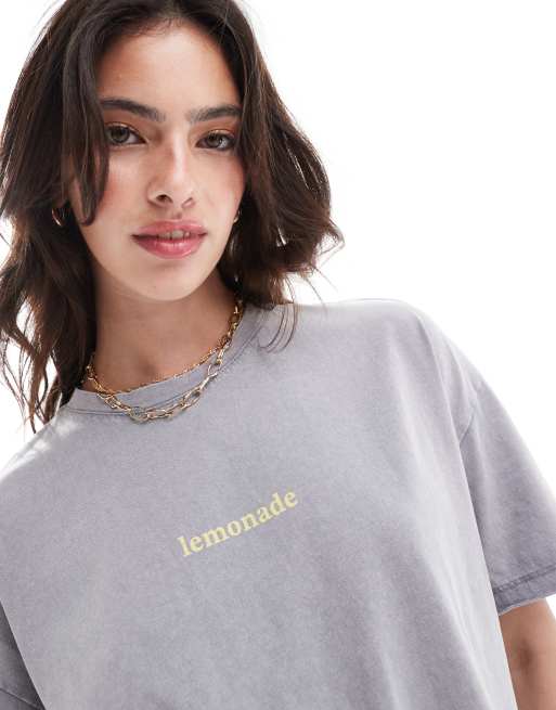 ONLY - Oversized T-shirt met 'Lemonade'-print op de achterkant in grijs met wassing 