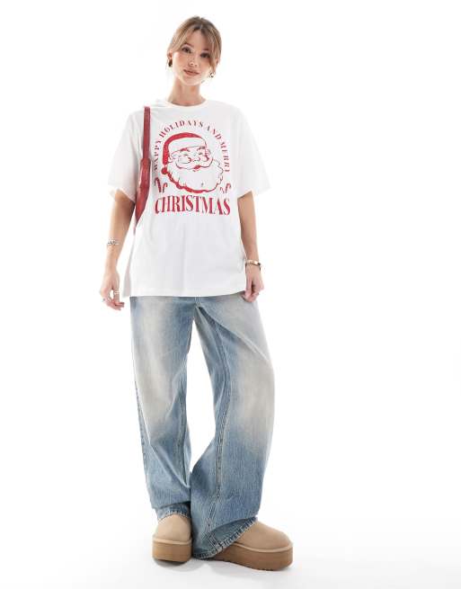 ONLY - Oversized T-shirt met vintage kerstprint in wit, 2 van 4