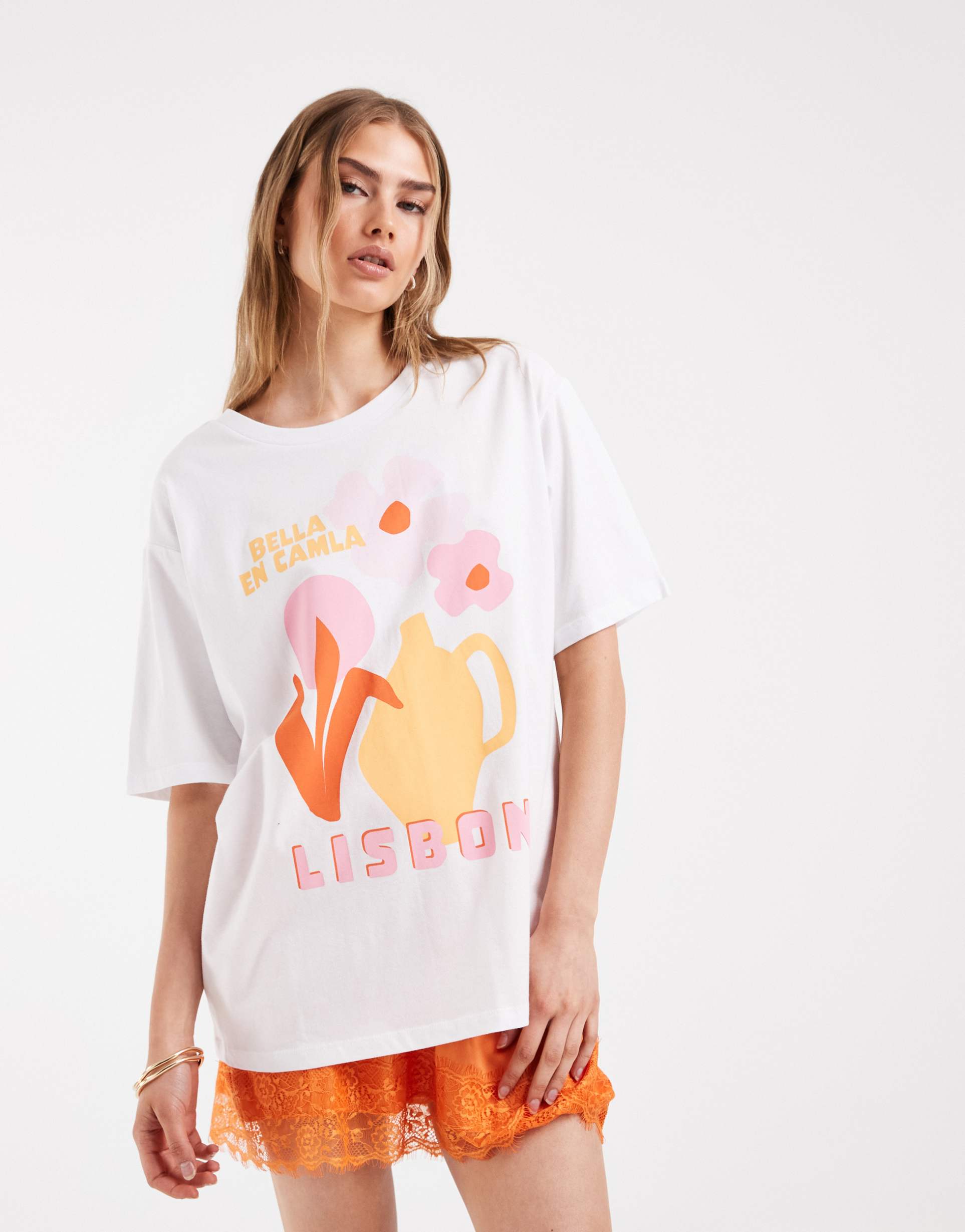 only oversized t-shirt with floral lisbon graphic in white