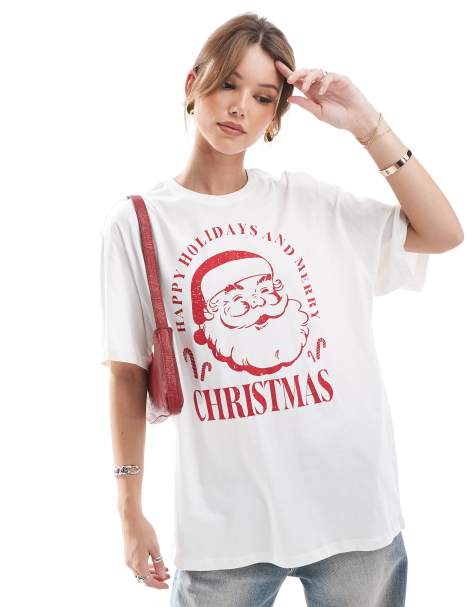 ONLY oversized t-shirt with vintage Christmas print in white - view 1