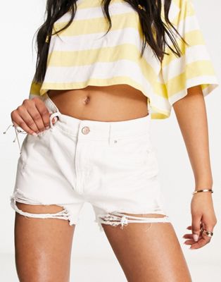 Only Pacy high waisted ripped denim shorts in white