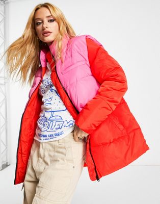 Only padded coat in pink & red colour block