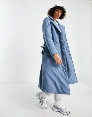 Only padded coat with belt in blue  - ASOS Price Checker