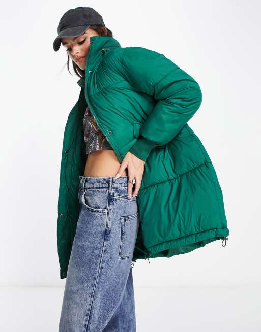 Long green puffer discount coat with hood