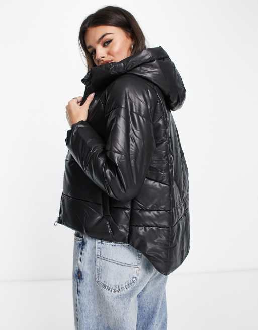 Only padded faux leather jacket with hood in black , 2 of 4