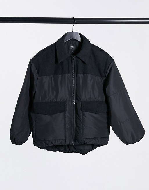 Only padded jacket in cord mix fabric in black