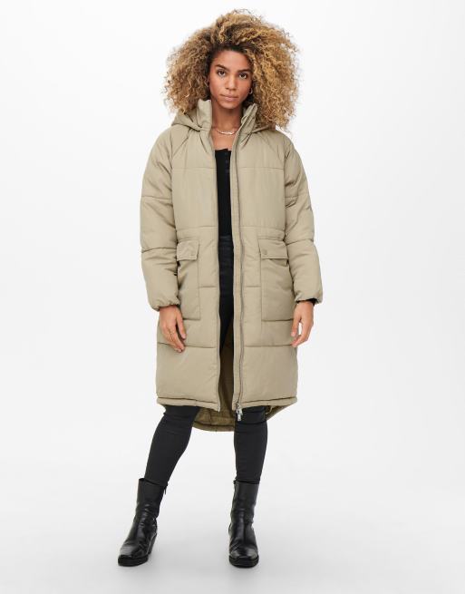 Only padded puffer coat with hood in taupe