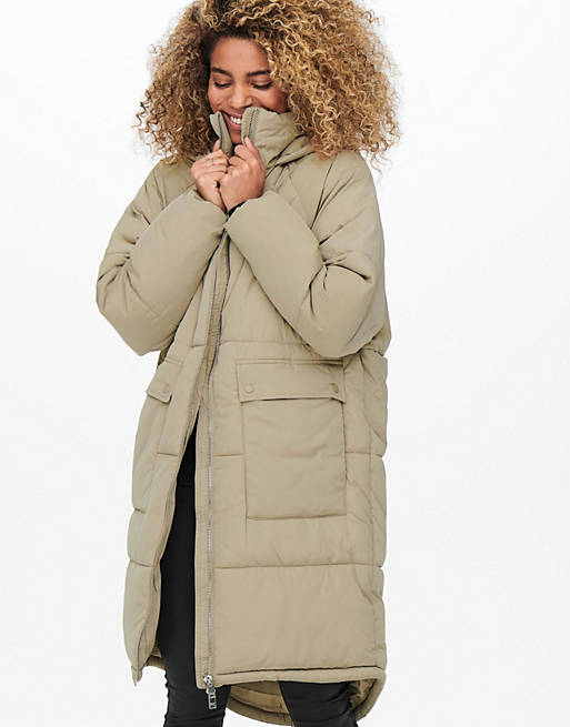 Coats & Jackets Only padded puffer coat with hood in taupe 