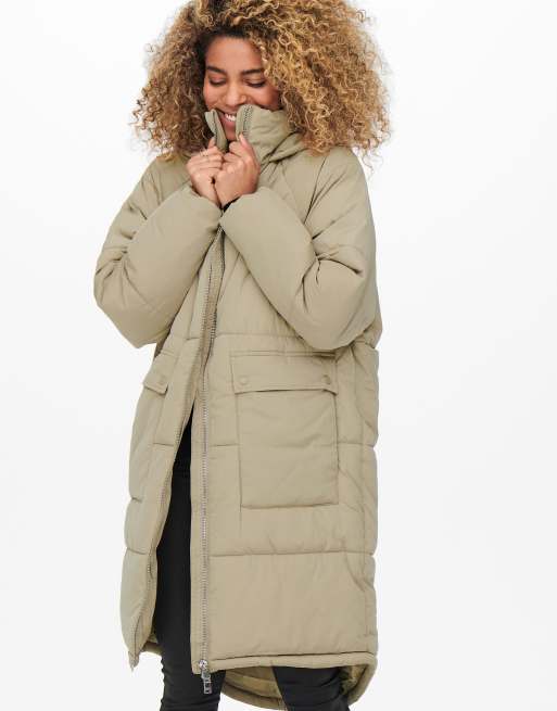 Only padded puffer coat with hood in taupe