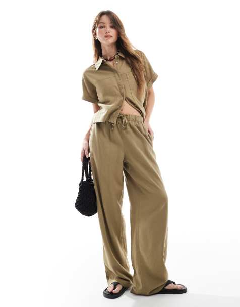 ONLY - Pantalon d'ensemble à enfiler en lin mélangé - Kaki clair - view 1