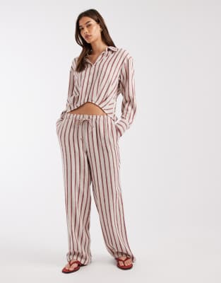 Pantalon d'ensemble en lin noué à la taille - Beige et rouge rayé 3XL