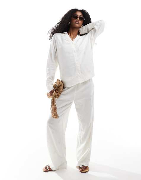 ONLY - Pantalon d'ensemble large à enfiler en lin avec broderie - Blanc - view 1