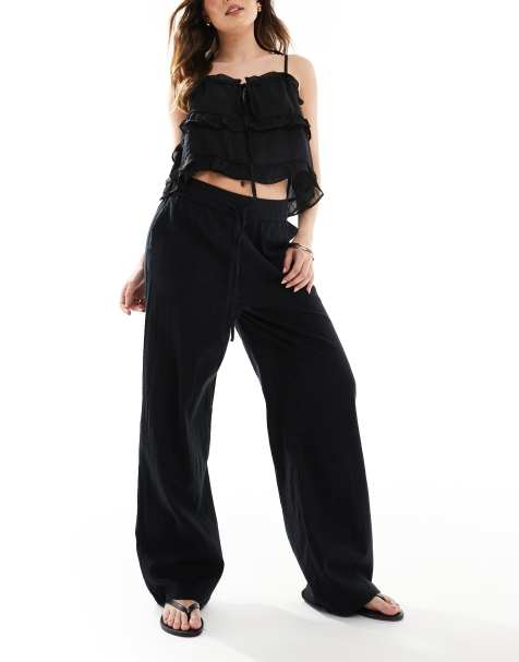 ONLY - Pantalon large aspect lin - Noir - view 1