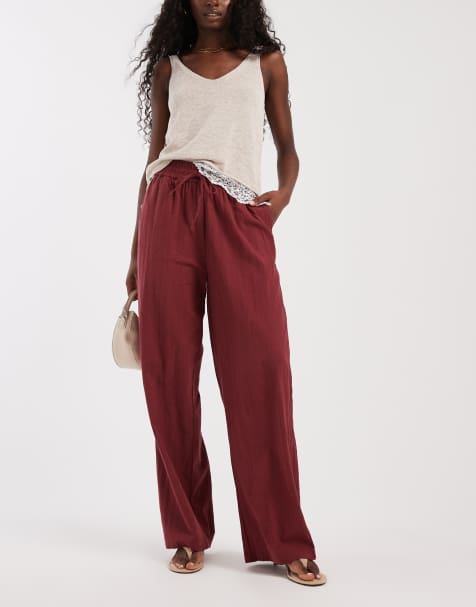 ONLY - Pantalon large aspect lin - Rouge foncé - view 1