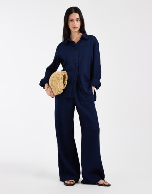 Only - Pantalon large d'ensemble en crépon - Bleu marine