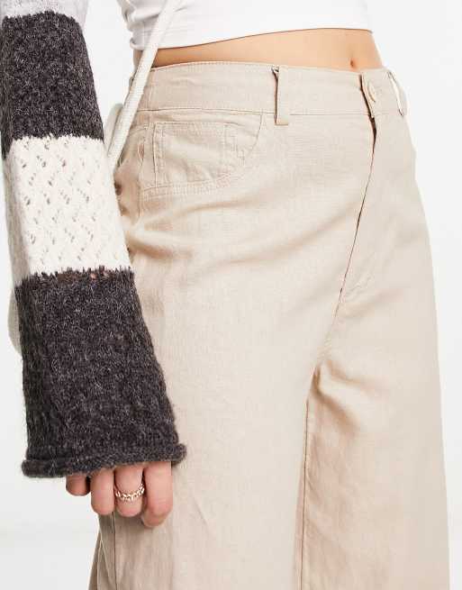 Only Pantalon large en lin taille haute Beige