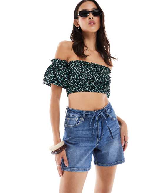 ONLY - Pantaloncini di jeans ampi blu lavaggio medio con dettaglio allacciato