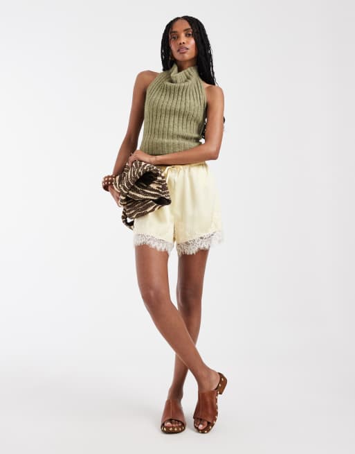 ONLY - Pantaloncini in raso giallo chiaro con finiture in pizzo, 3 di 5
