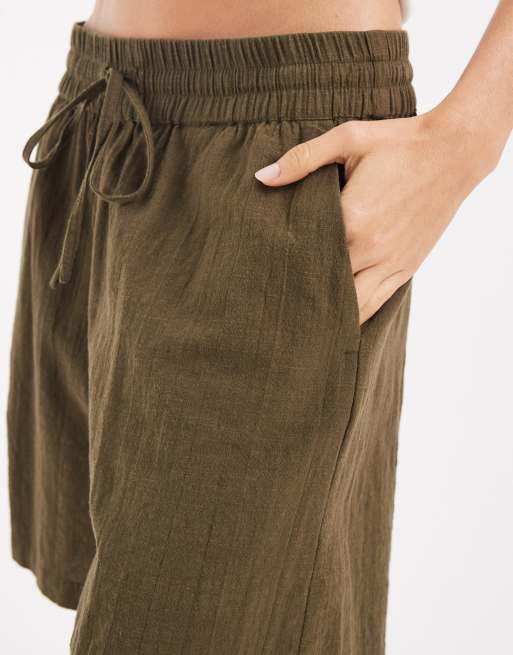 ONLY - Pantalones cortos caquis con lazada delantera de tejido efecto lino texturizado, 5 de 5