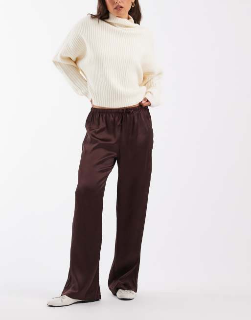 ONLY pantalones de pernera ancha de satén marrones, 2 de 5