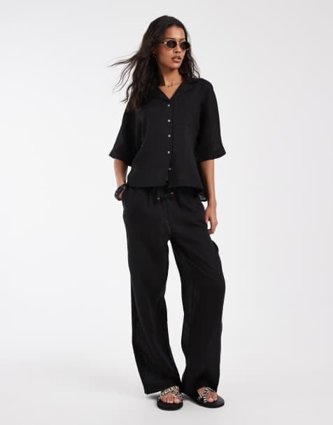 ONLY - Pantalones negros de pernera ancha de mezcla de lino (parte de un conjunto) - view 1