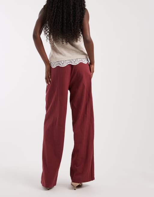 ONLY - Pantalones rojo oscuro de pernera ancha de tejido efecto lino, 3 de 5