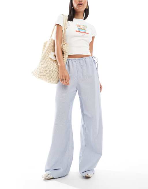 ONLY - Pantaloni a fondo ampio blu a righe con dettaglio allacciato