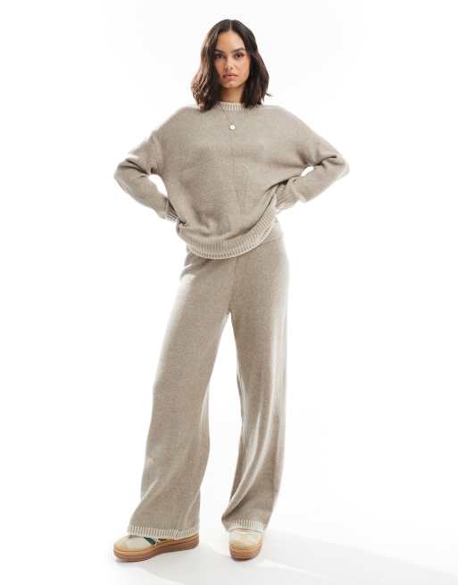 Only - Pantaloni a fondo ampio in maglia beige con cuciture sui bordi in coordinato