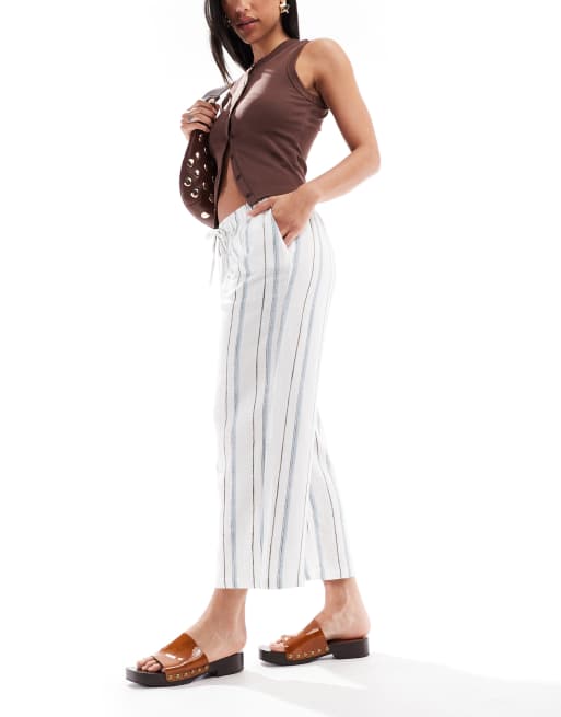 ONLY - Pantaloni a fondo ampio in misto lino bianchi a righe blu