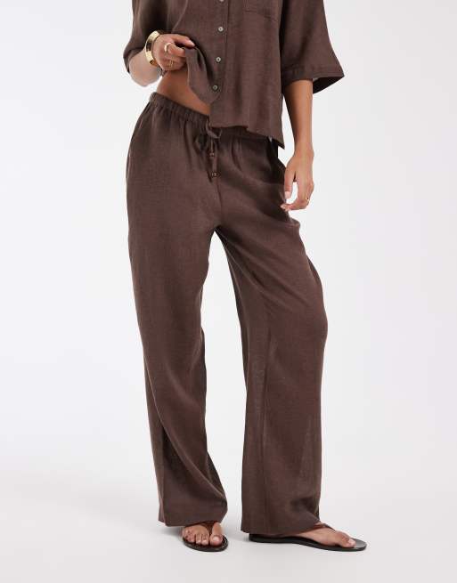 ONLY - Pantaloni a fondo ampio in misto lino marrone in coordinato, 2 di 5