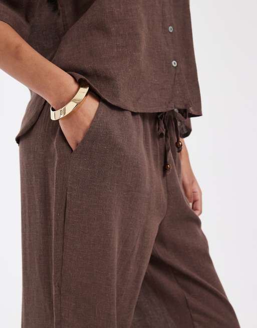 ONLY - Pantaloni a fondo ampio in misto lino marrone in coordinato, 3 di 5