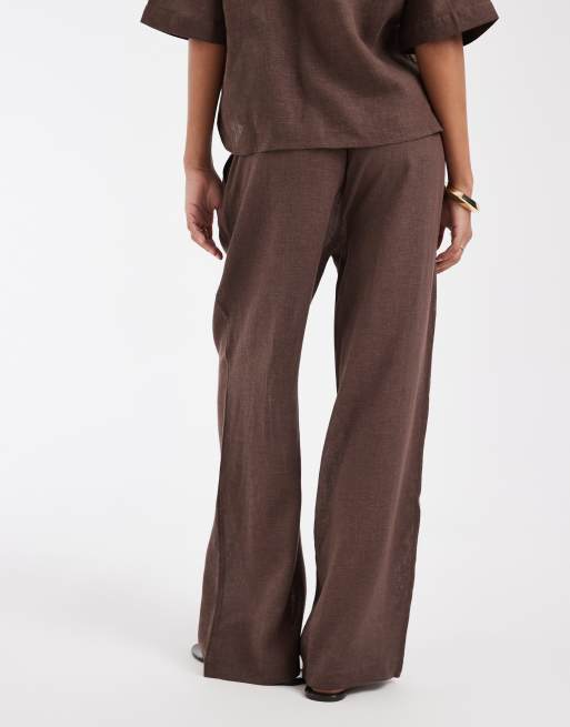 ONLY - Pantaloni a fondo ampio in misto lino marrone in coordinato, 4 di 5