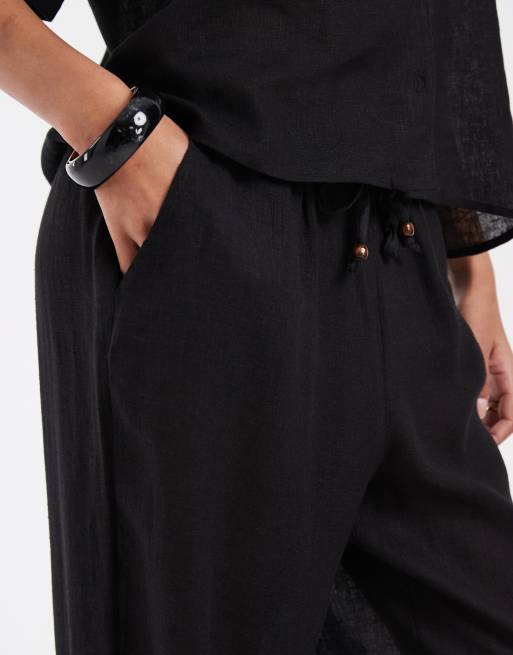 ONLY - Pantaloni a fondo ampio in misto lino nero in coordinato, 5 di 5