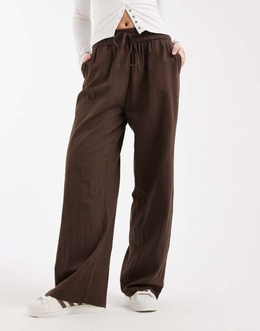ONLY - Pantaloni a fondo ampio marroni effetto lino, 2 di 5