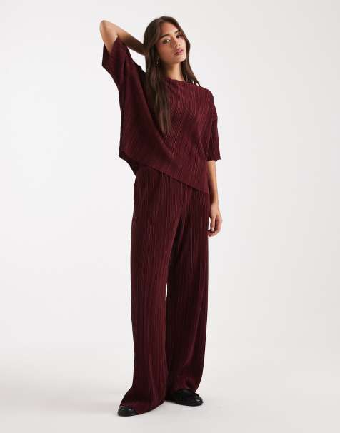 ONLY - Pantaloni a fondo ampio plissé bordeaux in coordinato - view 1
