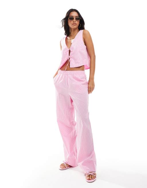 ONLY - Pantaloni a fondo ampio rosa a quadretti con dettaglio stile boxer in coordinato