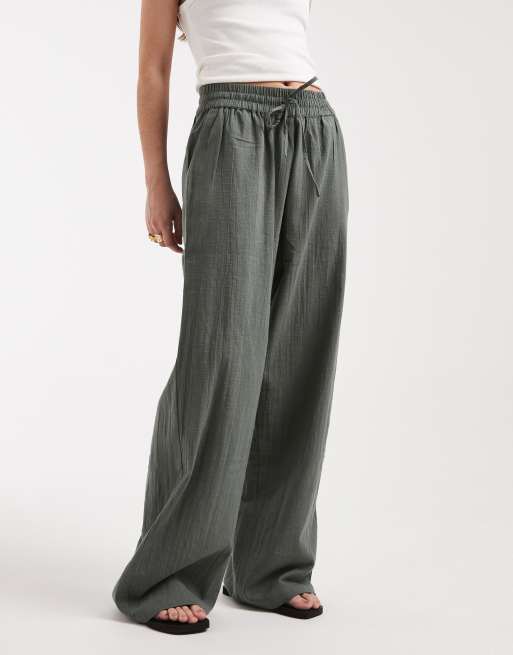 ONLY - Pantaloni a fondo ampio salvia effetto lino, 2 di 5