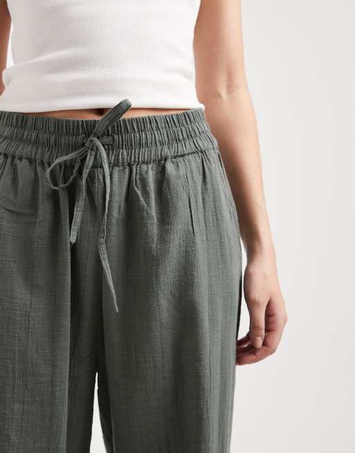 ONLY - Pantaloni a fondo ampio salvia effetto lino, 3 di 5