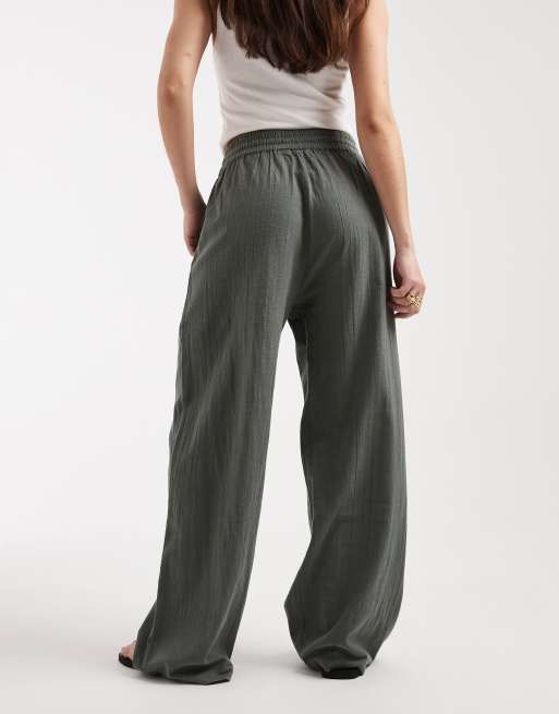 ONLY - Pantaloni a fondo ampio salvia effetto lino, 4 di 5