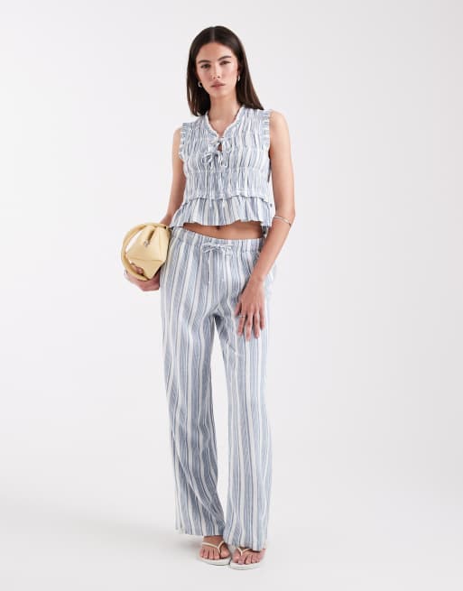 Only - Pantaloni blu a righe in misto lino in coordinato