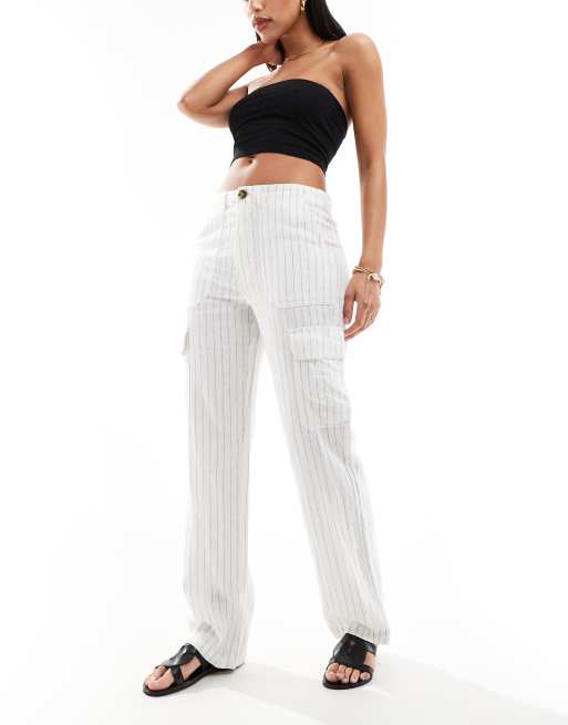 ONLY - Pantaloni cargo ampi in misto lino bianchi a righe 