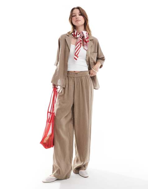 ONLY - Pantaloni con fondo ampio in misto lino color marrone in coordinato - view 1