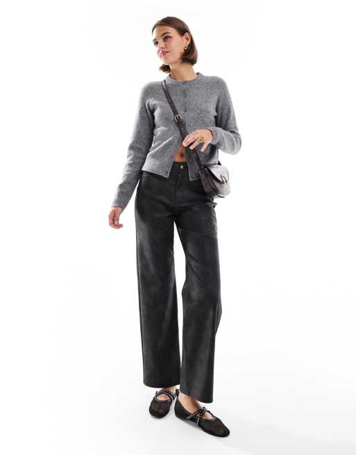 ONLY - Pantaloni dritti a vita alta nero slavato in pelle sintetica 