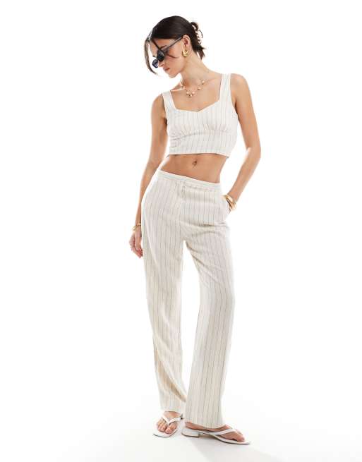 ONLY - Pantaloni dritti in misto lino pietra gessati in coordinato 