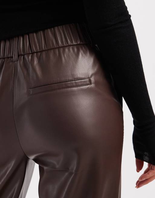 Only - Pantaloni in pelle sintetica marroni a fondo ampio, 2 di 5