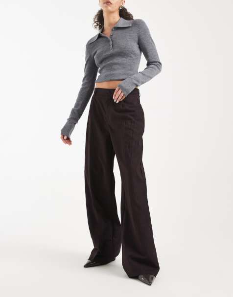 ONLY - Pantaloni sartoriali a fondo ampio e vita alta marroni gessati - view 1