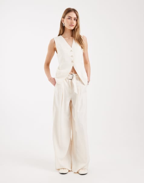 ONLY - Pantaloni sartoriali crema a vita alta con fondo ampio color crema in coordinato - view 1
