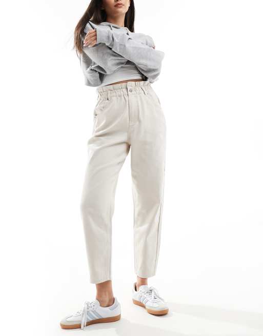 White Shirt with Beige High Waisted Trousers