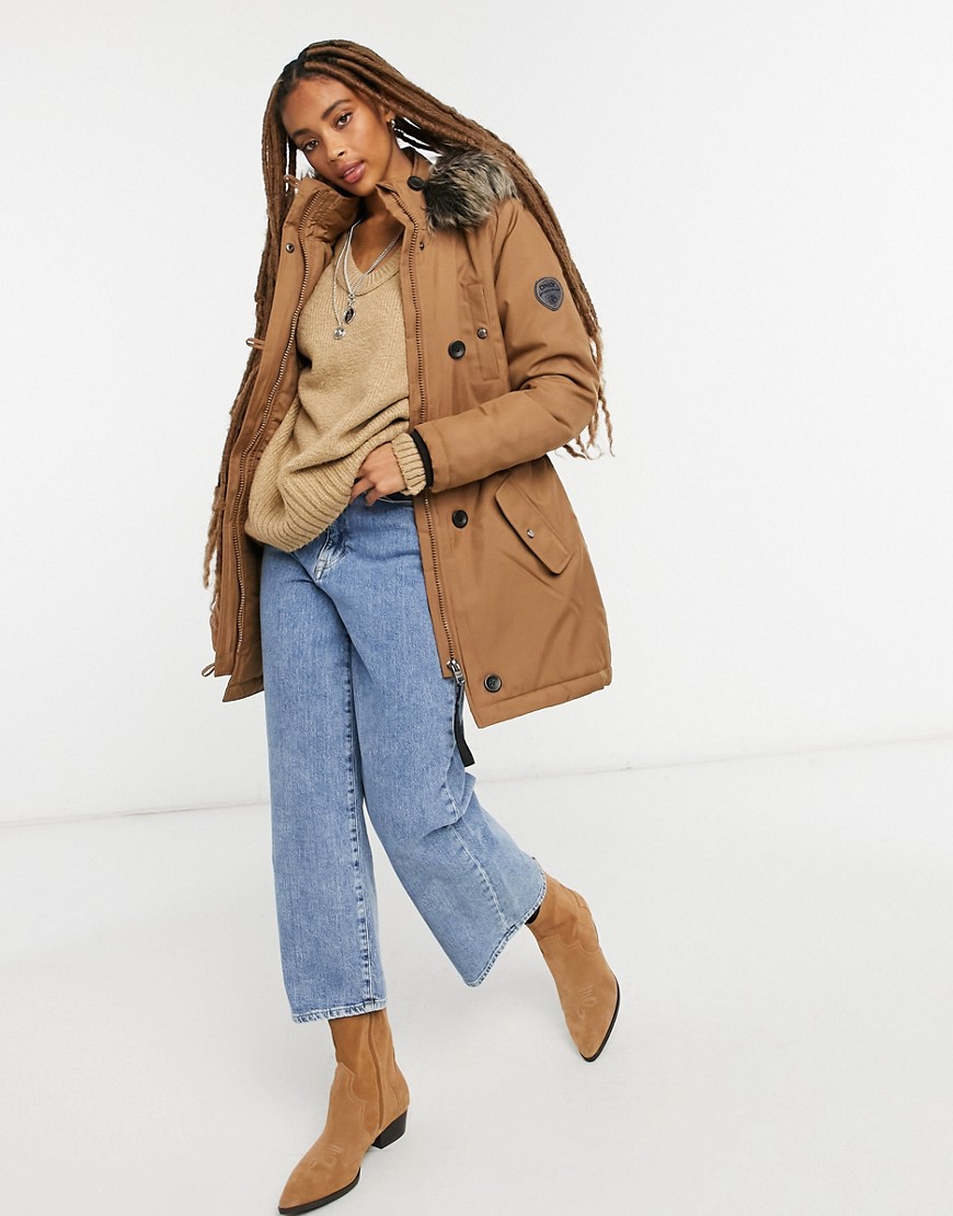 Only Parka Coat With Faux Fur Hood In Brown